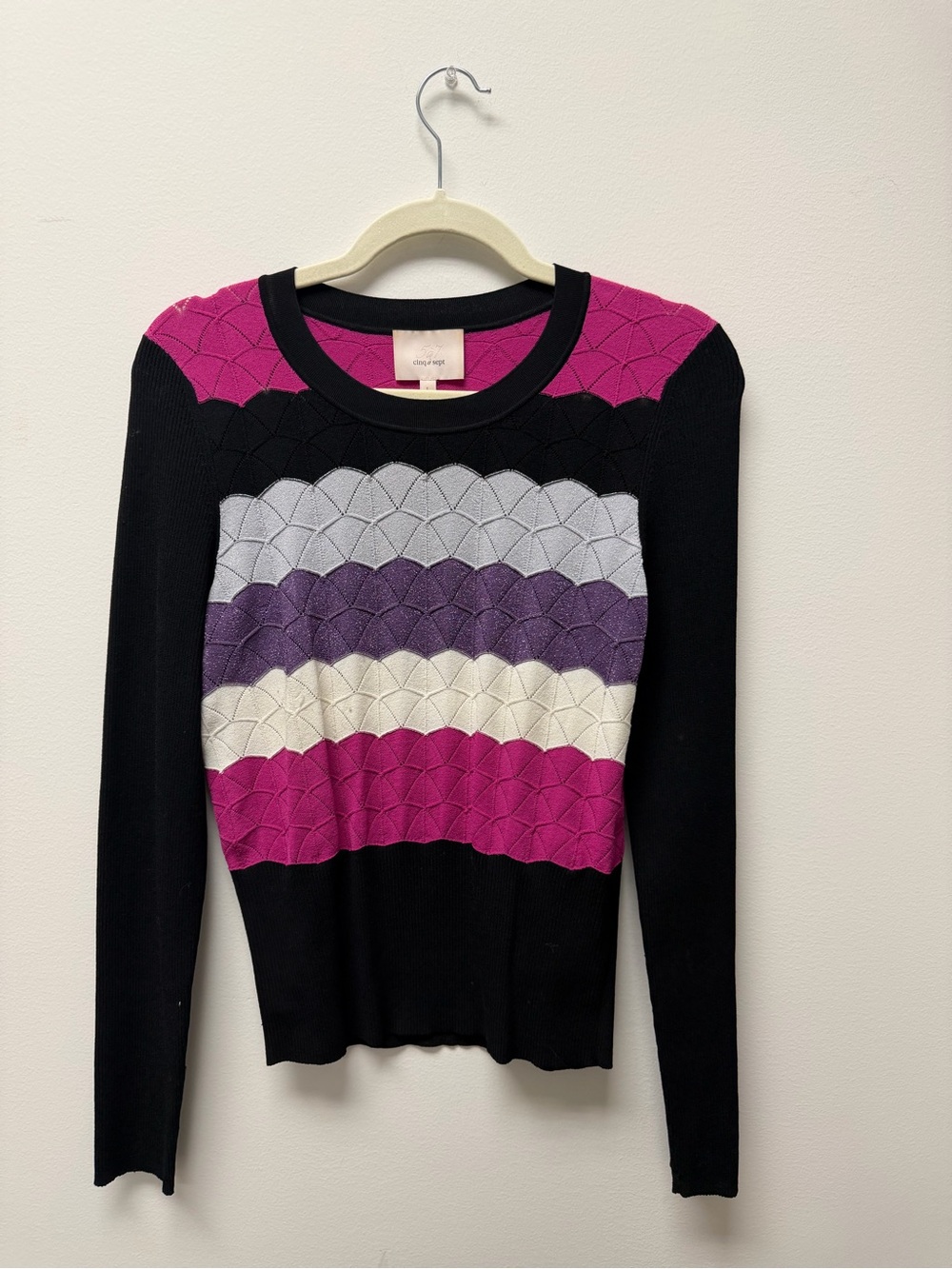 cinq a sept Black Sweater with Magenta and Silver Wave Detail